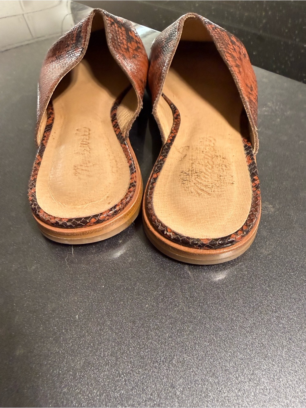 Madewell Leather Rust Brown Snake-Print Pointed Slip-On Mules - Picture 3 of 5